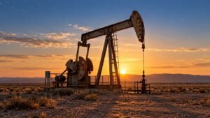 Oil pumpjack on flat dry ground at golden hour under a deep blue sky