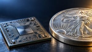 Close-up of a computer semiconductor chip beside a silver bullion coin featuring a Walking Liberty design, symbolizing silver's dual role as both a monetary metal and an industrial material used in AI chip manufacturing.