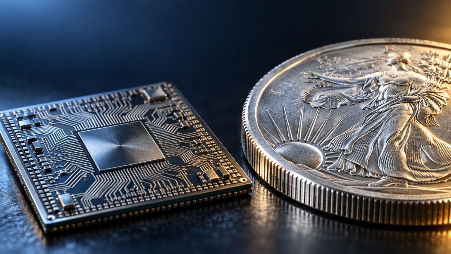 Close-up of a computer semiconductor chip beside a silver bullion coin featuring a Walking Liberty design, symbolizing silver's dual role as both a monetary metal and an industrial material used in AI chip manufacturing.