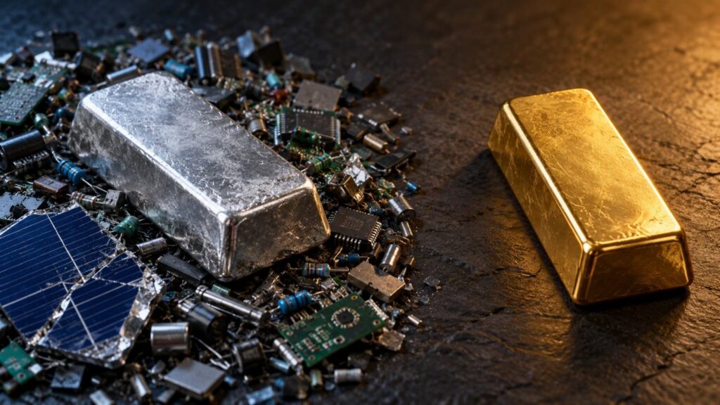 Gold silver ratio divergence: a silver bar amid circuit boards, electronics, and a solar panel fragment, beside an isolated gold bar on dark stone.