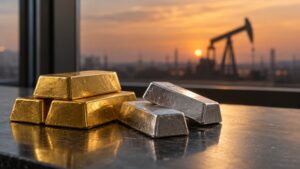 Stacked gold and silver bars with an oil pumpjack silhouetted at sunset, representing the gold silver ratio today