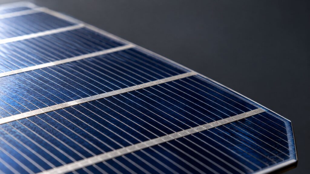 Close-up of the fine silver grid lines on a solar cell, showing how much silver is in a solar panel