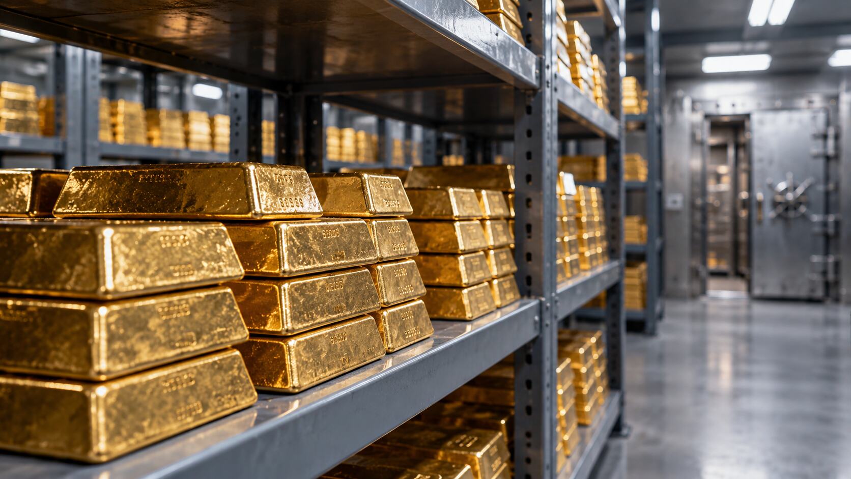 Gold bullion bars stacked on steel shelving inside a secure vault, illustrating London gold vault holdings in Q3 2026.