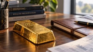 Gold bullion bar beside a leather notebook on a wooden desk, representing long-term gold ownership and wealth preservation.