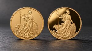 Two Britannia gold coins side by side — a matte bullion finish on the left and a proof gold coin on the right showing a mirror-polished field and frosted relief.