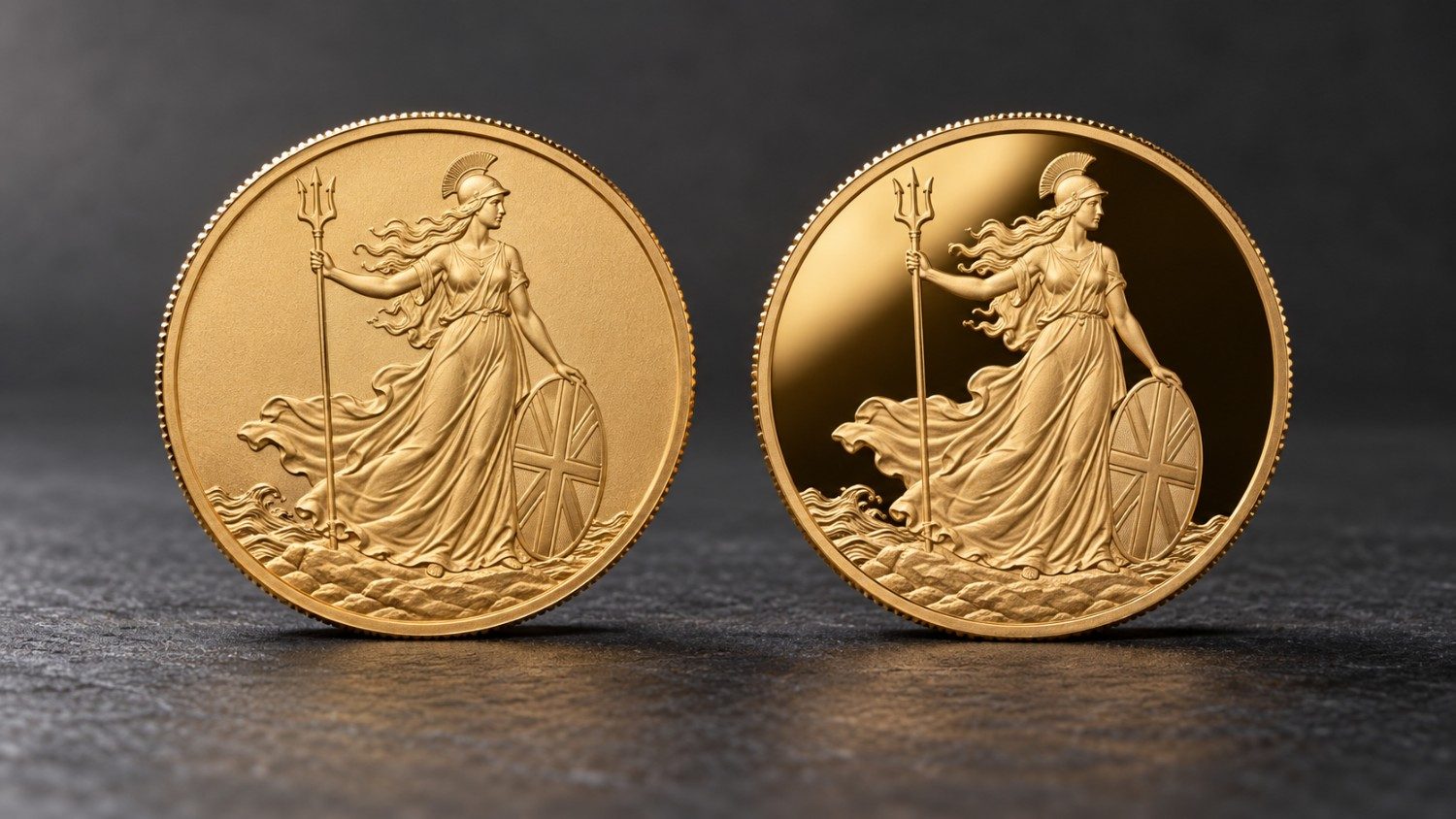 Two Britannia gold coins side by side — a matte bullion finish on the left and a proof gold coin on the right showing a mirror-polished field and frosted relief.