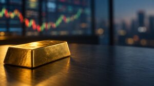 A gold bar in sharp focus on a dark wooden surface, with a blurred red-and-green candlestick stock chart and city skyline glowing softly in the background.