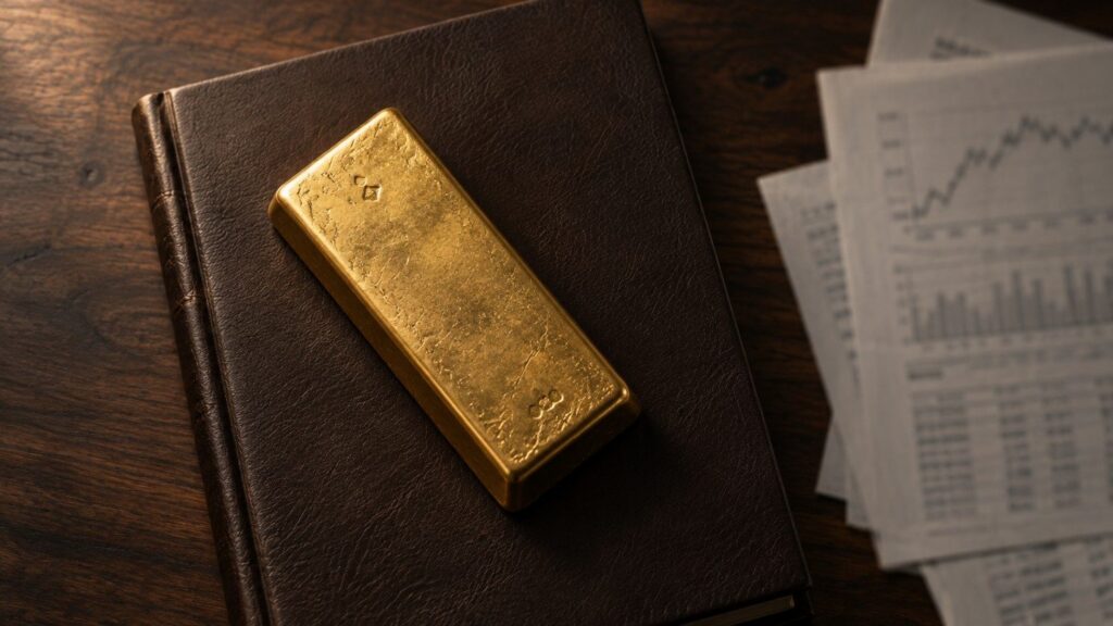 A gold bullion bar resting on a leather-bound ledger with blurred financial charts in the background, representing gold reserves