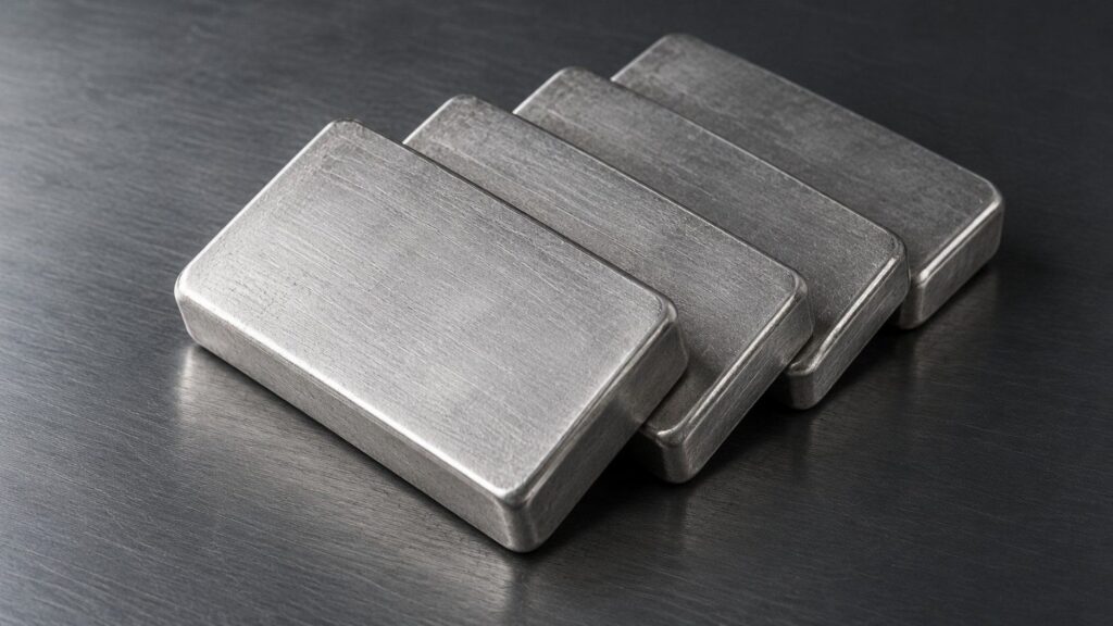 Four silver bullion bars stacked in an overlapping row on a dark brushed-steel surface, illustrating silver’s quiet retest of its 2026 low.