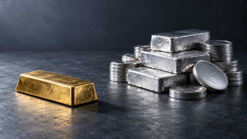 A single gold bullion bar on a dark stone surface beside a noticeably larger stack of silver bars and coins, visually representing the widening gold-silver ratio as silver underperforms gold.