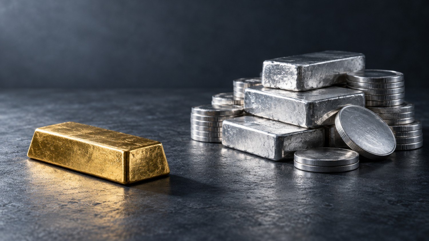 A single gold bullion bar on a dark stone surface beside a noticeably larger stack of silver bars and coins, visually representing the widening gold-silver ratio as silver underperforms gold.