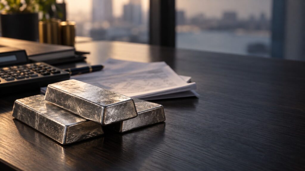 Silver bullion bars on a dark desk beside financial documents and a calculator, illustrating cash-flow pressures and settlement delays in silver recycling.