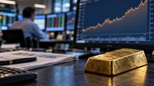 Gold bar beside a trading screen showing rising Treasury yields