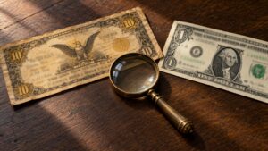 Antique US gold-backed banknote and a modern one-dollar bill side by side with a brass magnifying glass, illustrating what backs the US dollar today.