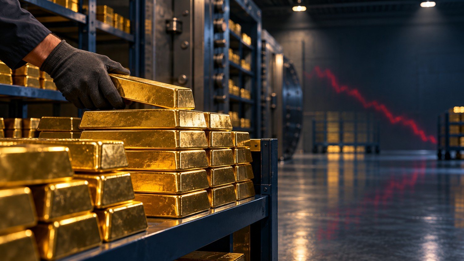 Gold bars being stacked in a vault beside a falling price chart, illustrating why gold is falling today despite the FOMC minutes.